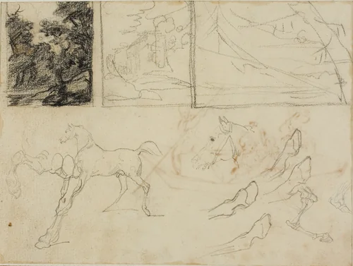 Sheet of Sketches: three Landscapes, Horses, and Hooves by Jean Louis André Théodore Géricault, drawing, 1813-1814