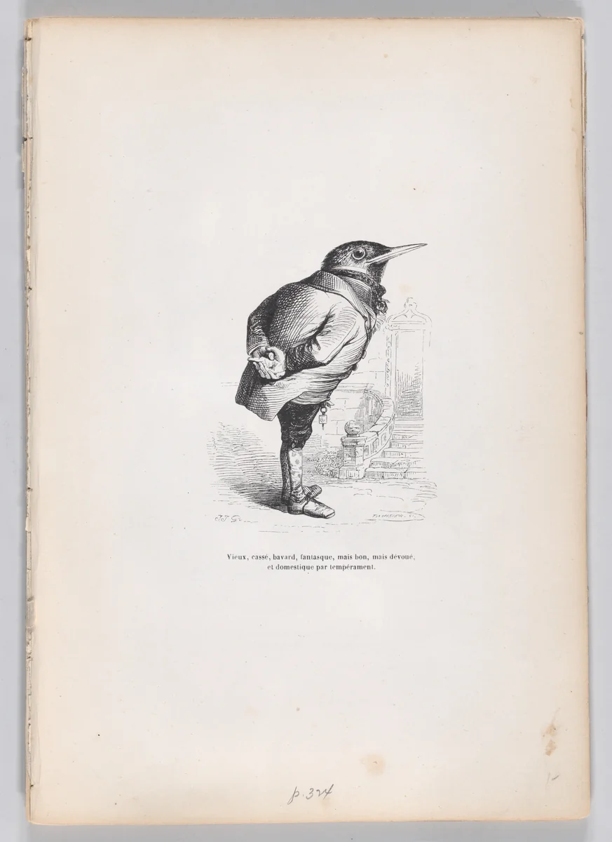 Old, broken, haggard, whimsical, yet good, yet dedicated, and domestic by temperament, from "Scenes from the Private and Public Life of Animals" by J. J. Grandville, print, 1832-1852