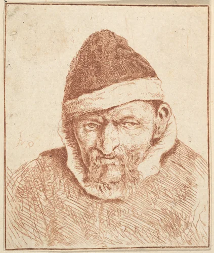 Old Man with White Collar and Pointed Hat by Adriaen van Ostade, print, 1610-1685