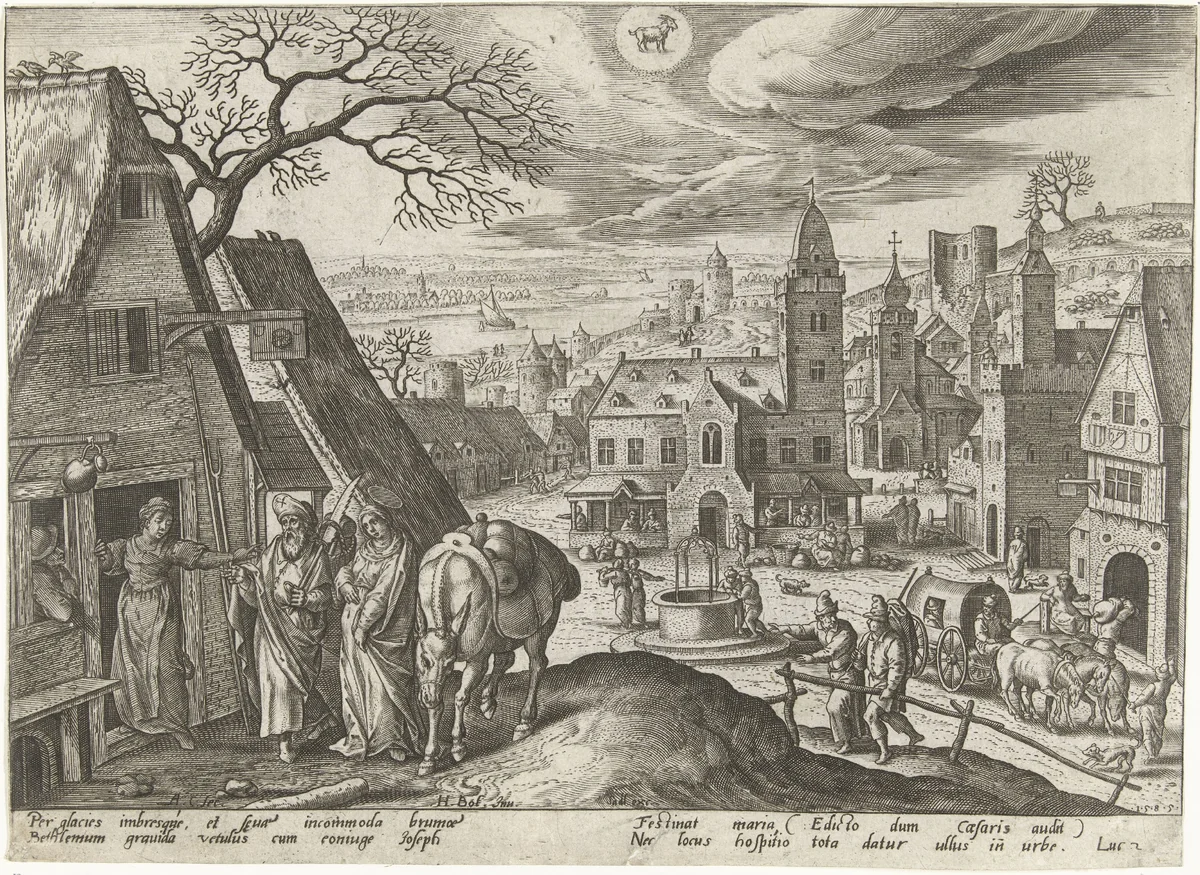 December: Jozef en Maria worden geweigerd bij de herberg by Unknown, print, 1585