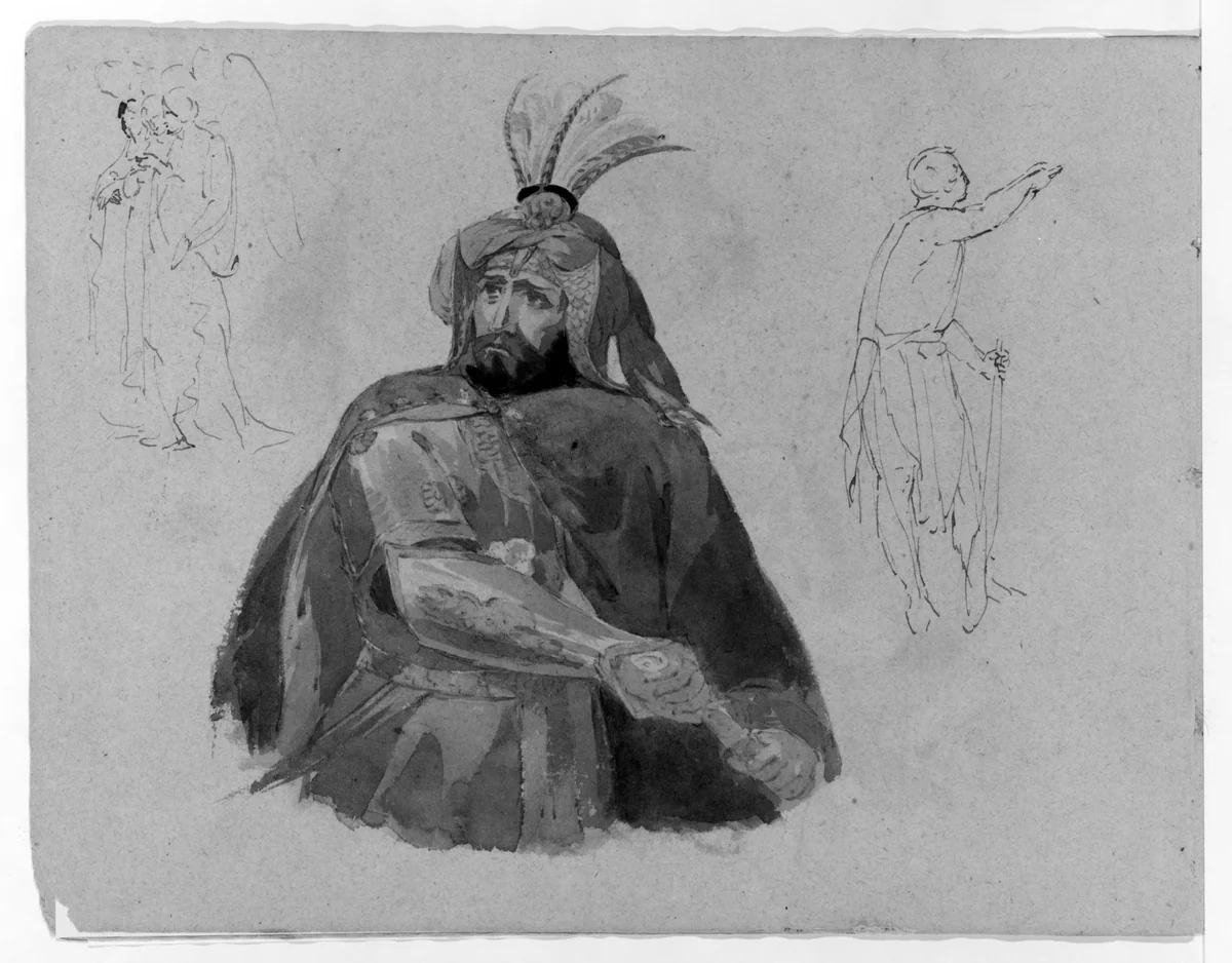 Half-length Bearded Man in Armor and Cape, Drawing Sword (Macbeth?); Three Standing Angels (or Witches?); Male Figure in Skins (from Sketchbook) by Thomas Sully, artwork, 1810-1820
