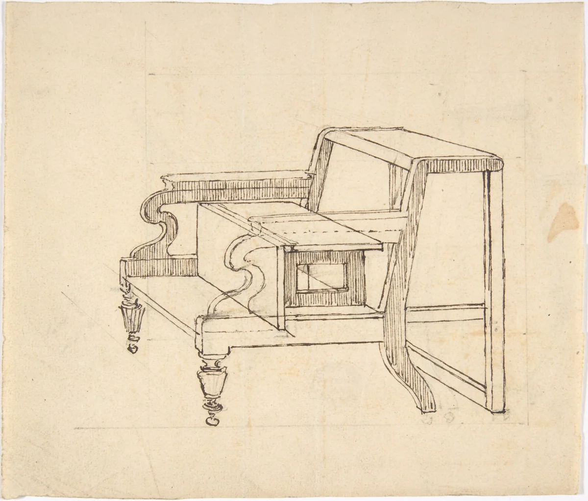 Design for a Small Stepstool with Front Casters (verso: sketch demonstrating folding mechanism) by anonymous, drawing, 1800-1850