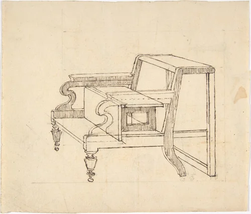 Design for a Small Stepstool with Front Casters (verso: sketch demonstrating folding mechanism) by anonymous, drawing, 1800-1850