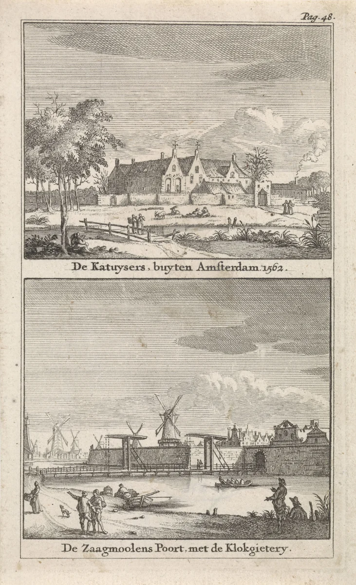 Het Kartuizerklooster buiten Amsterdam (1562) en de Zaagmolenpoort te Amsterdam by Jan Goeree, print, 1723-1738