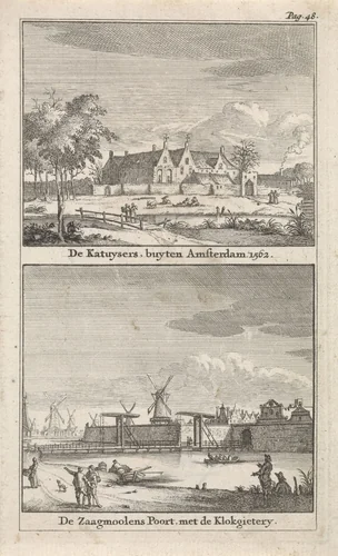 Het Kartuizerklooster buiten Amsterdam (1562) en de Zaagmolenpoort te Amsterdam by Jan Goeree, print, 1723-1738
