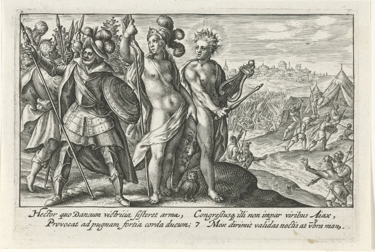 Minerva en Apollo verleiden Hector te vechten by Crispijn van de Passe, print, 1613