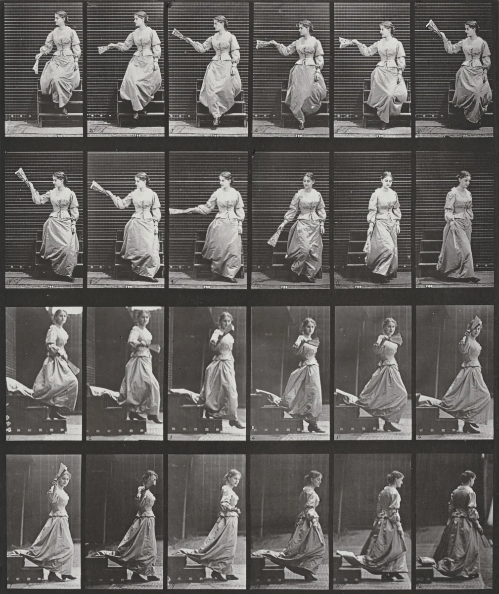 Plate Number 140. Descending stairs, looking around and waving a fan by Eadweard Muybridge, photograph, 1887