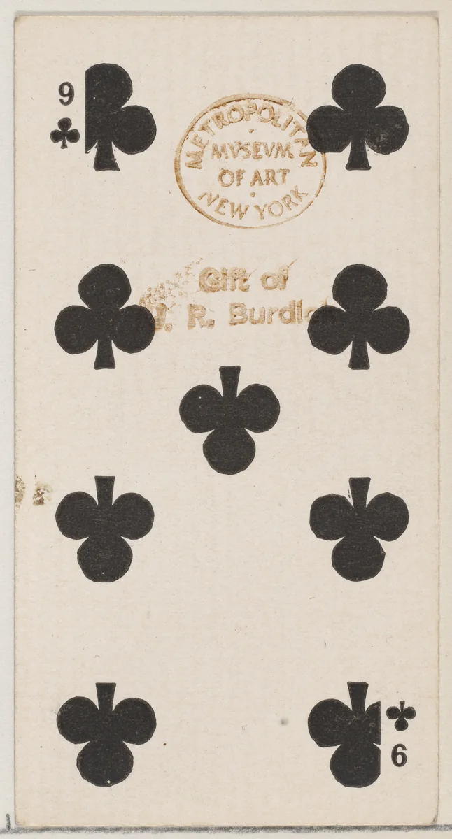 Nine Clubs (black), from the Playing Cards series (N84) for Duke brand cigarettes by W. Duke, Sons & Co., print, 1888