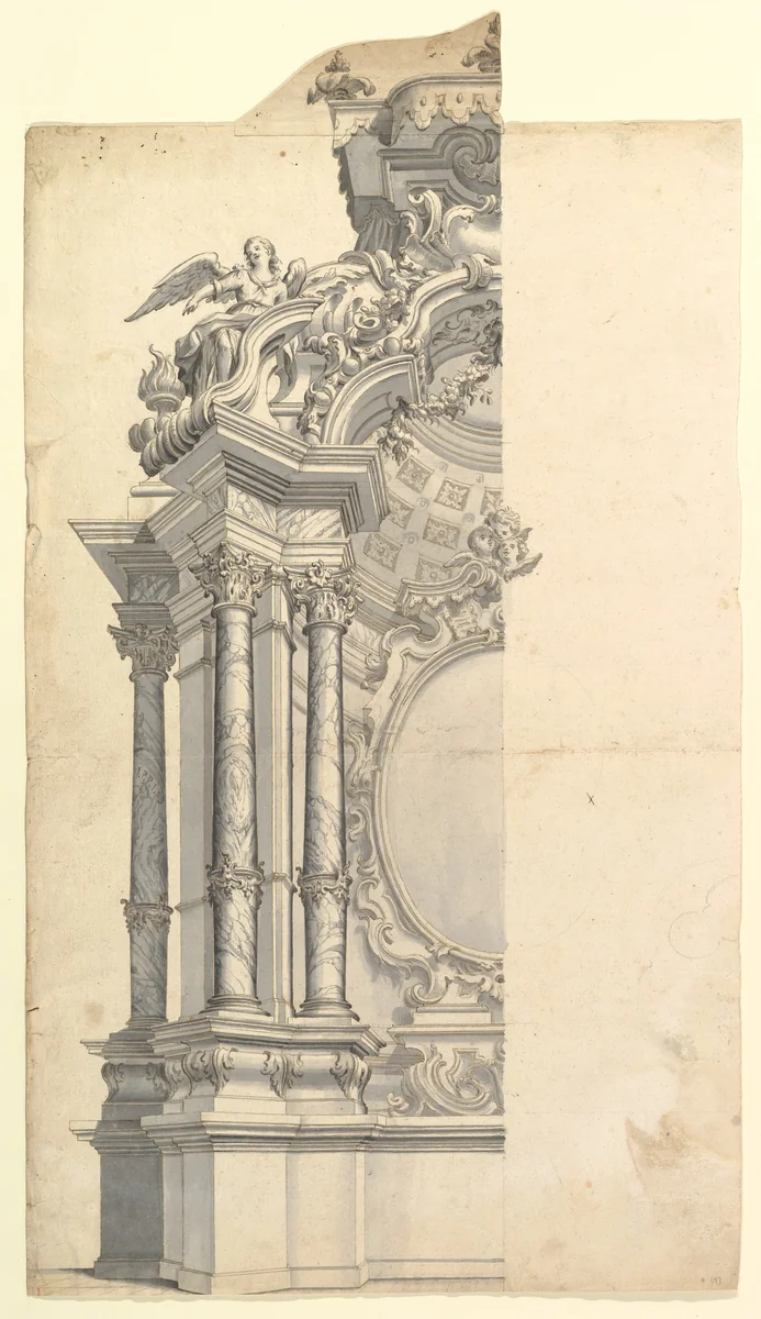 Halved Design for an Altar with Angel and Putti by anonymous, drawing, 1700-1780