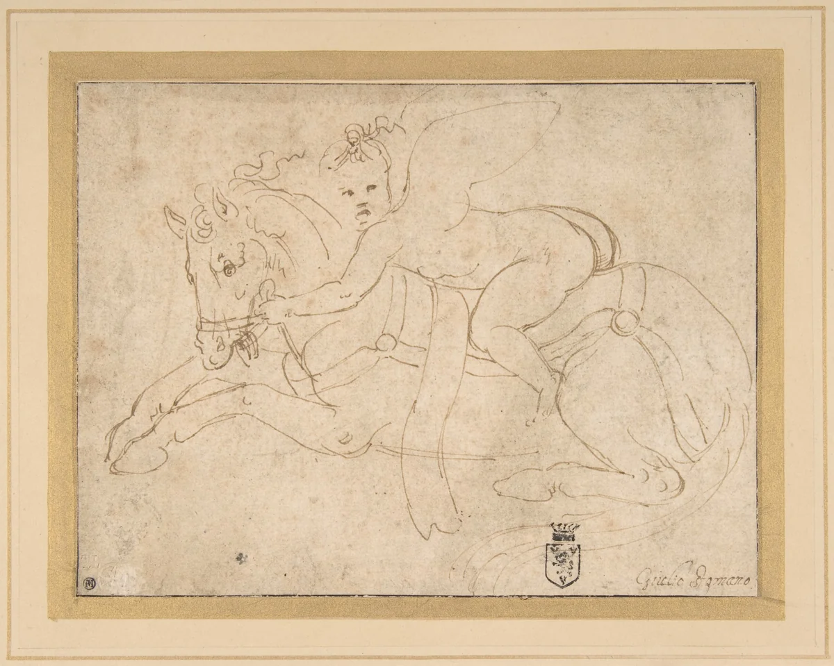 Winged Infant Riding a Crouching Horse by Giulio Romano, drawing, 1490-1546