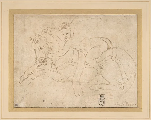 Winged Infant Riding a Crouching Horse by Giulio Romano, drawing, 1490-1546