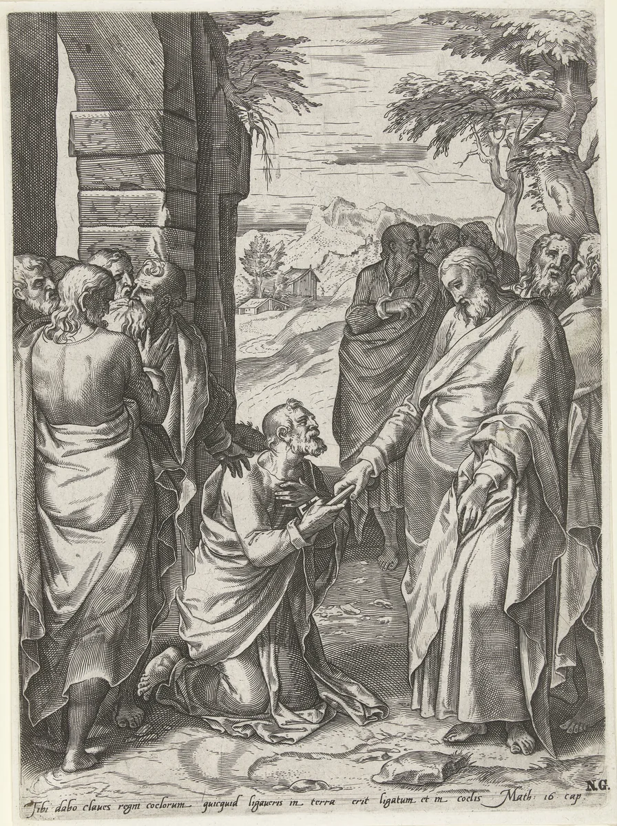 Christus geeft de sleutels van de kerk aan Petrus by anonymous, print, 1567-1617