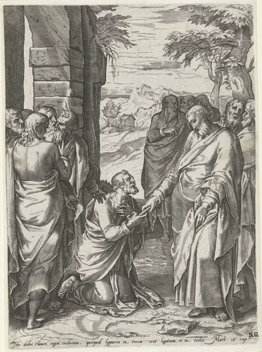 Christus geeft de sleutels van de kerk aan Petrus by anonymous, print, 1567-1617