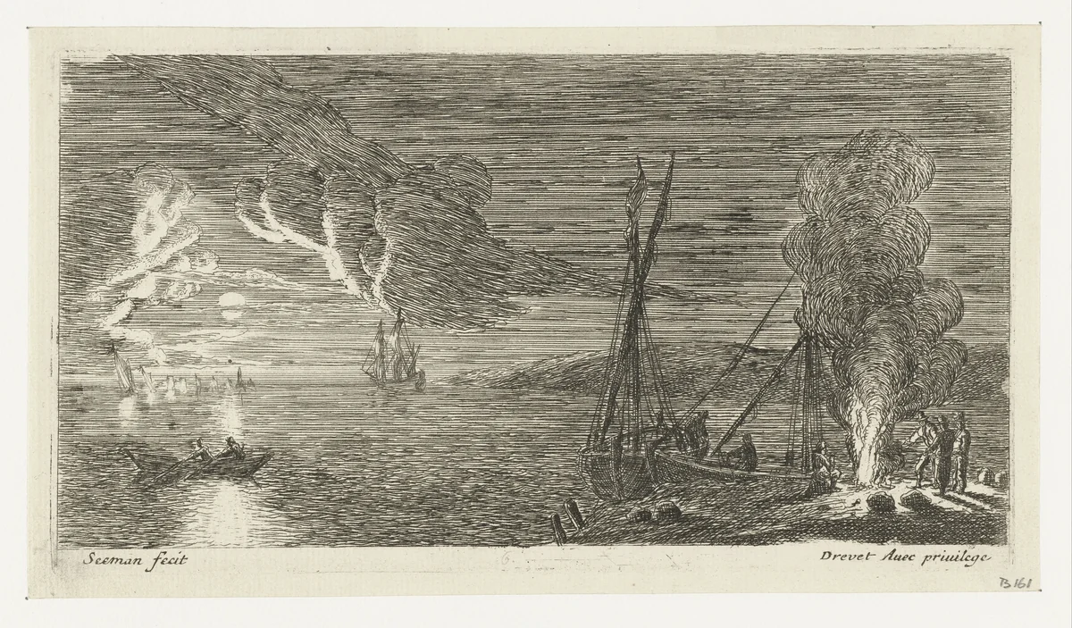 Nachtscène met vissers staande bij een vuur by anonymous, print, 1650-1738