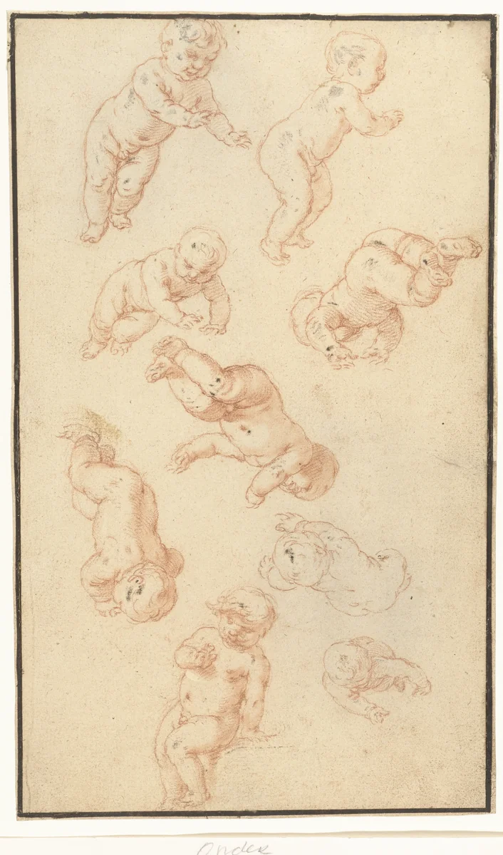 Studieblad met negen putti by Abraham Bloemaert, drawing, 1571-1651