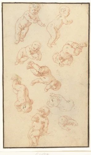 Studieblad met negen putti by Abraham Bloemaert, drawing, 1571-1651