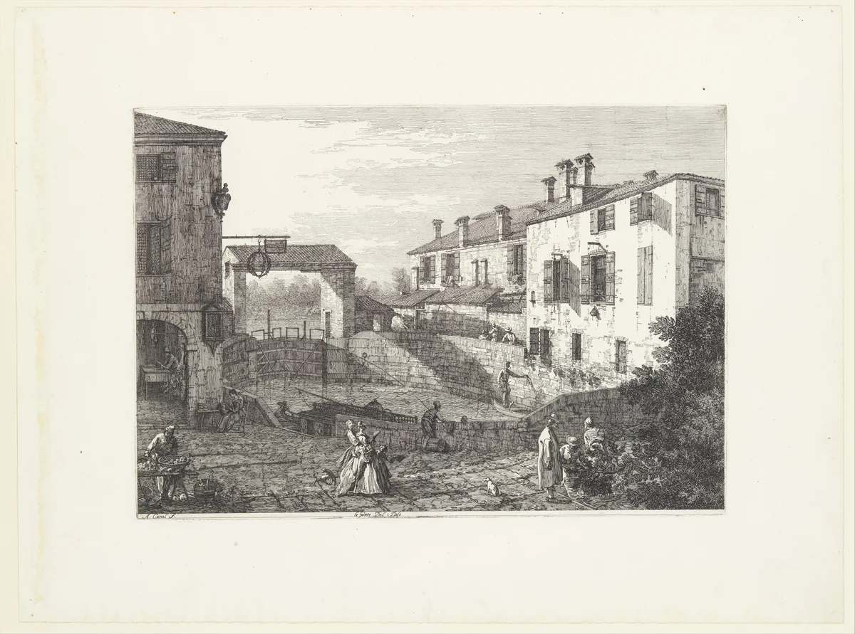 The Locks at Dolo, an oval-shaped basin with boats at center, buildings on either side, a fruit vendor and groups of figures in the foreground, from "Views" (Vedute altre prese da i luoghi altre ideate da Antonio Canal) by Canaletto, print, 1735-1746