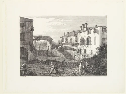 The Locks at Dolo, an oval-shaped basin with boats at center, buildings on either side, a fruit vendor and groups of figures in the foreground, from "Views" (Vedute altre prese da i luoghi altre ideate da Antonio Canal) by Canaletto, print, 1735-1746
