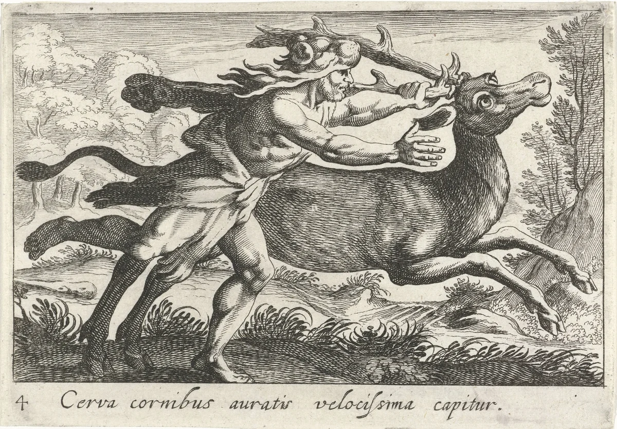Hercules vangt de hinde van Cerynea by Simon Frisius, print, 1610-1664