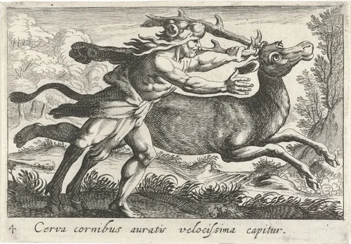 Hercules vangt de hinde van Cerynea by Simon Frisius, print, 1610-1664