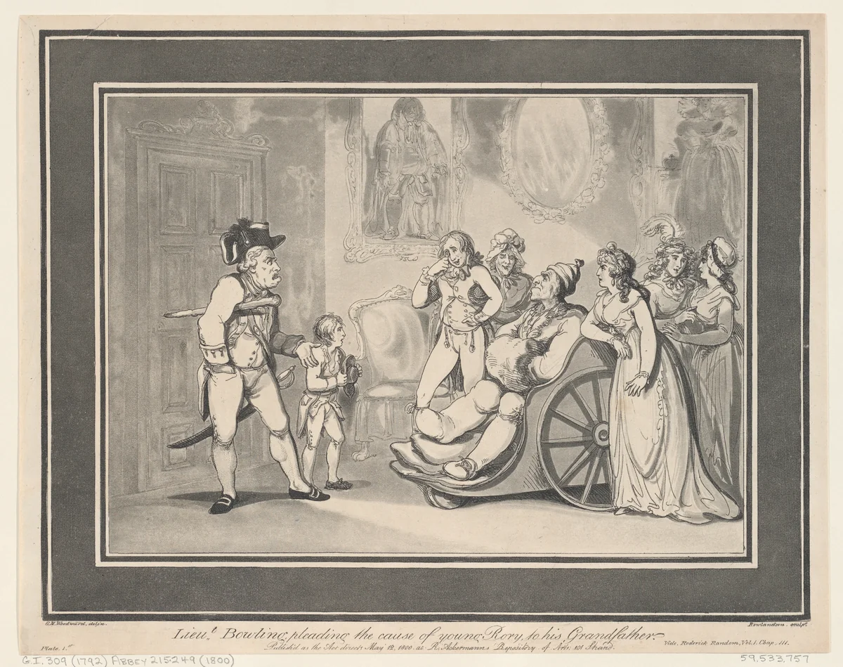 Lieutenant Bowling pleading the cause of young Rory to his Grandfather by Thomas Rowlandson, print, 1800