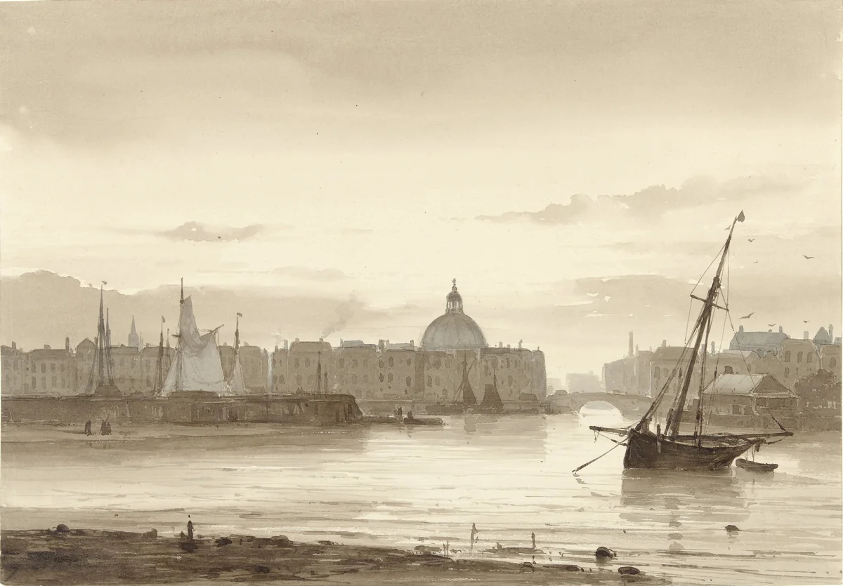De Buitenkant en de Ronde Lutherse Kerk te Amsterdam by Théodore Gudin, drawing, 1812-1880