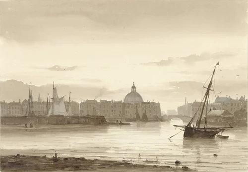 De Buitenkant en de Ronde Lutherse Kerk te Amsterdam by Théodore Gudin, drawing, 1812-1880