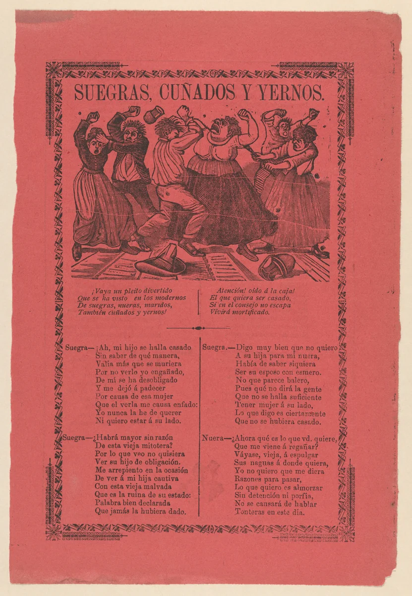 Broadsheet relating to mothers-in-law, brothers-in-law and sons fighting by José Guadalupe Posada, print, 1885-1895