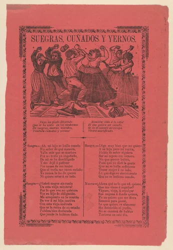 Broadsheet relating to mothers-in-law, brothers-in-law and sons fighting by José Guadalupe Posada, print, 1885-1895