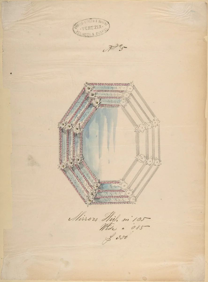 One of Twenty-Three Sheets of Drawings of Glassware (Mirrors, Chandeliers, Goblets, etc.) by Compagnia di Venezia e Murano, drawing, 1850-1880