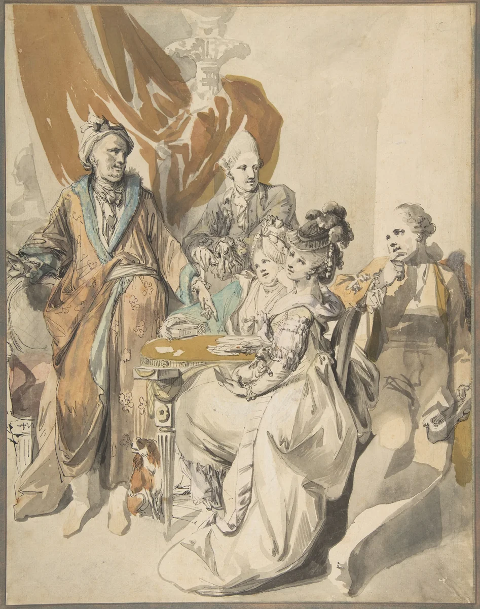 Two Women and Three Men Playing Cards by Johann Eleazar Zeissig, drawing, 1737-1806