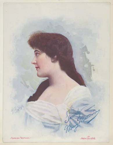 Mary Mamering as Janice Meridith, from the Actresses series (T1), distributed by the American Tobacco Co. to promote Turkish Trophies Cigarettes by Frederick Moladore Spiegle, print, 1900