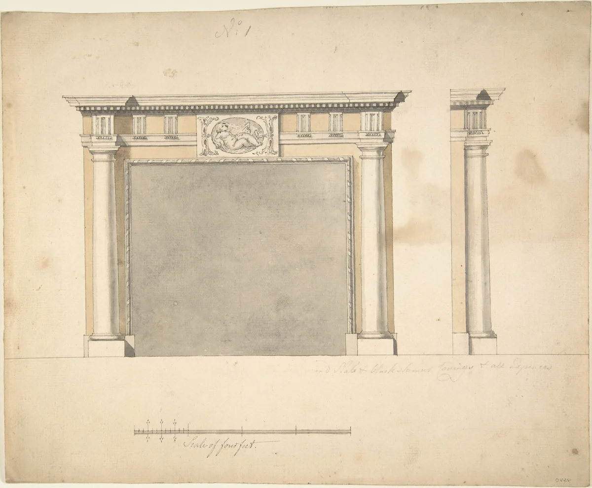 Designs for a Chimney-piece for Richard Barwell's Drawing Room at Esher, Surrey by Sir William Chambers, drawing, 1755-1775