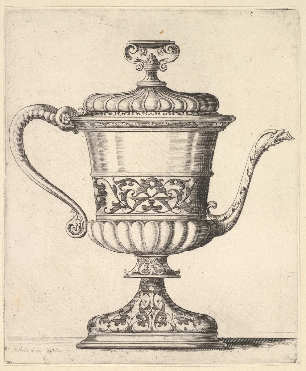 Jug with lid, engraved with arabesque pattern, the narrow spout to right ending in snake's head, handle to left. by Wenceslaus Hollar, print, 1649