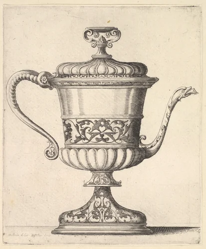 Jug with lid, engraved with arabesque pattern, the narrow spout to right ending in snake's head, handle to left. by Wenceslaus Hollar, print, 1649