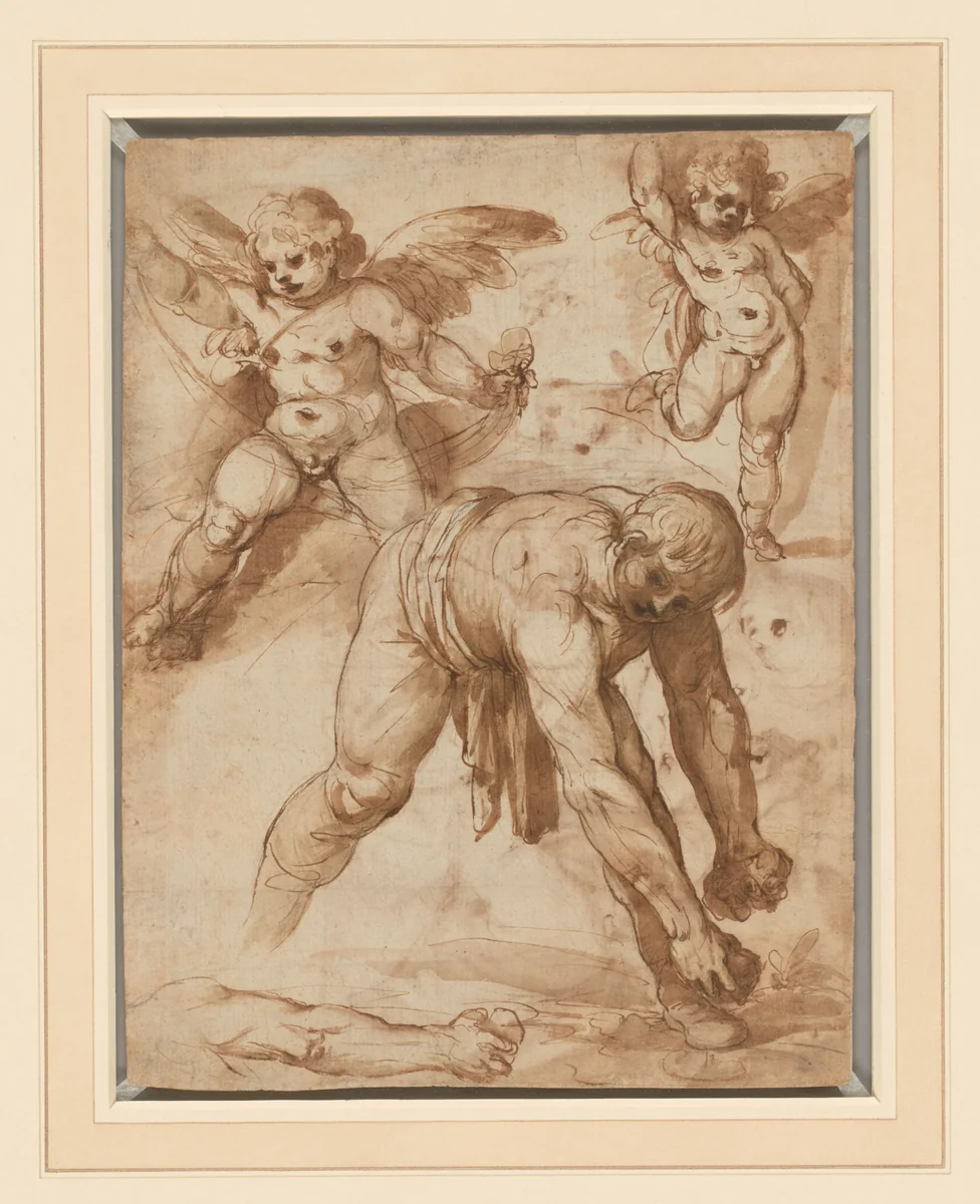 Studies of a Figure Bending Over, Two Putti, and an Arm (recto); Rest on the Flight into Egypt (verso) by Cesare Rossetti, artwork, 1596-1597