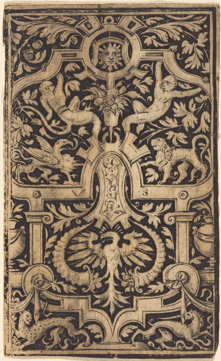Strapwork and Foliage Ornament on Dark Ground with Monkeys and other Animals by Virgil Solis, print, 1514-1562
