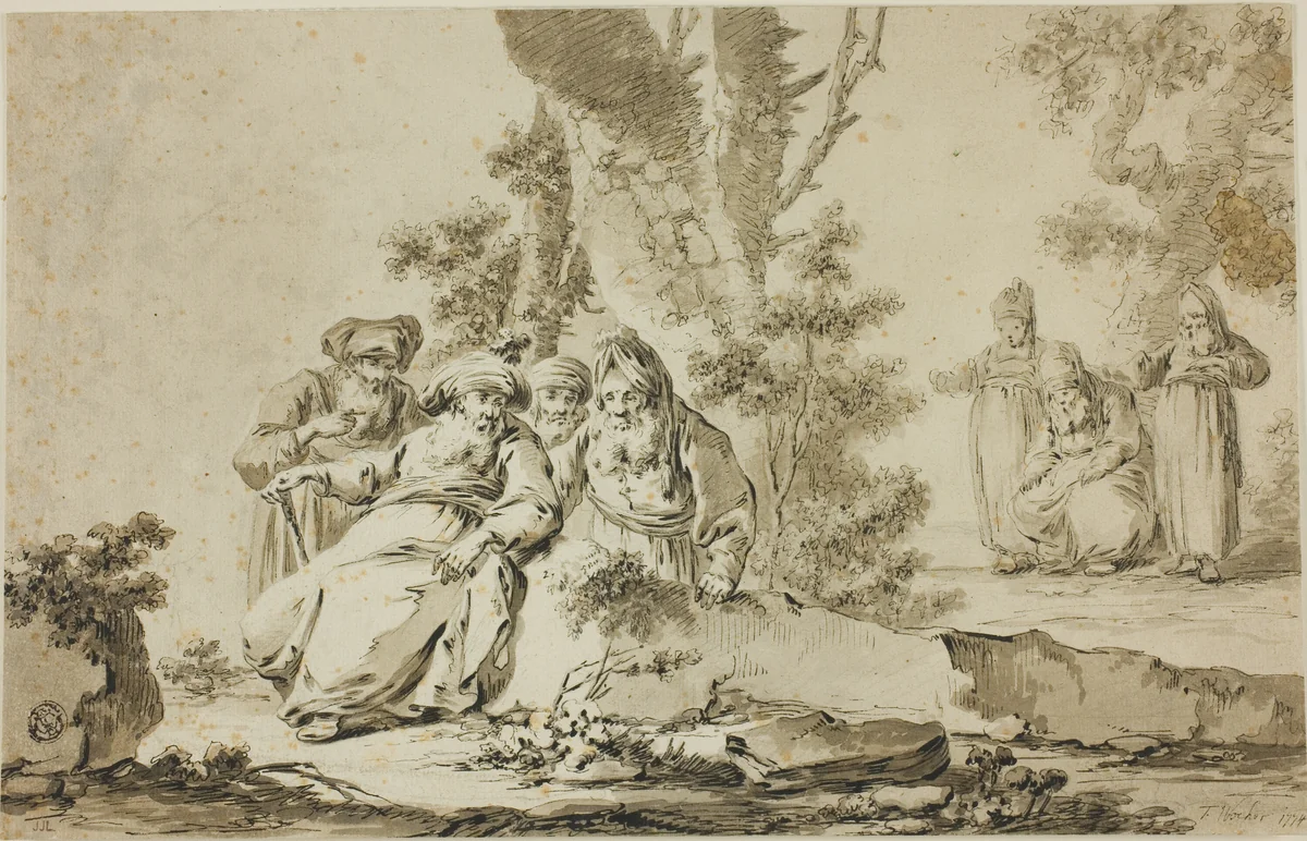 Figures in Oriental Costume in a Landscape by Tiberius Dominikus Wocher, drawing, 1774-1799