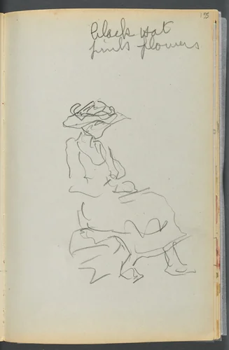 Sketchbook- The Granite Shore Hotel, Rockport, page 155: Seated Woman with Notes by Maurice Prendergast, book, 1905-1910