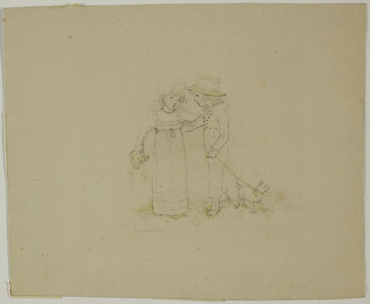 Two Children with Dog by Kate Greenaway, drawing, 1883