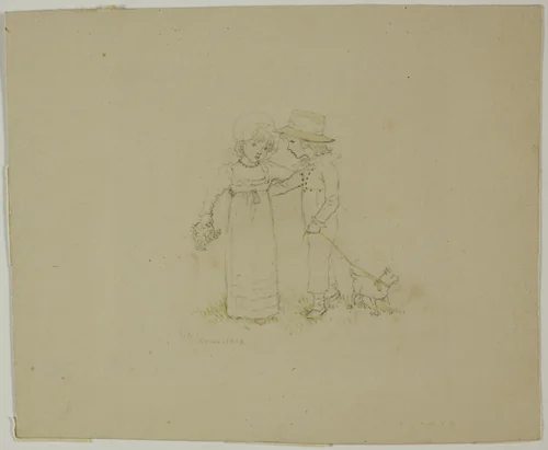 Two Children with Dog by Kate Greenaway, drawing, 1883
