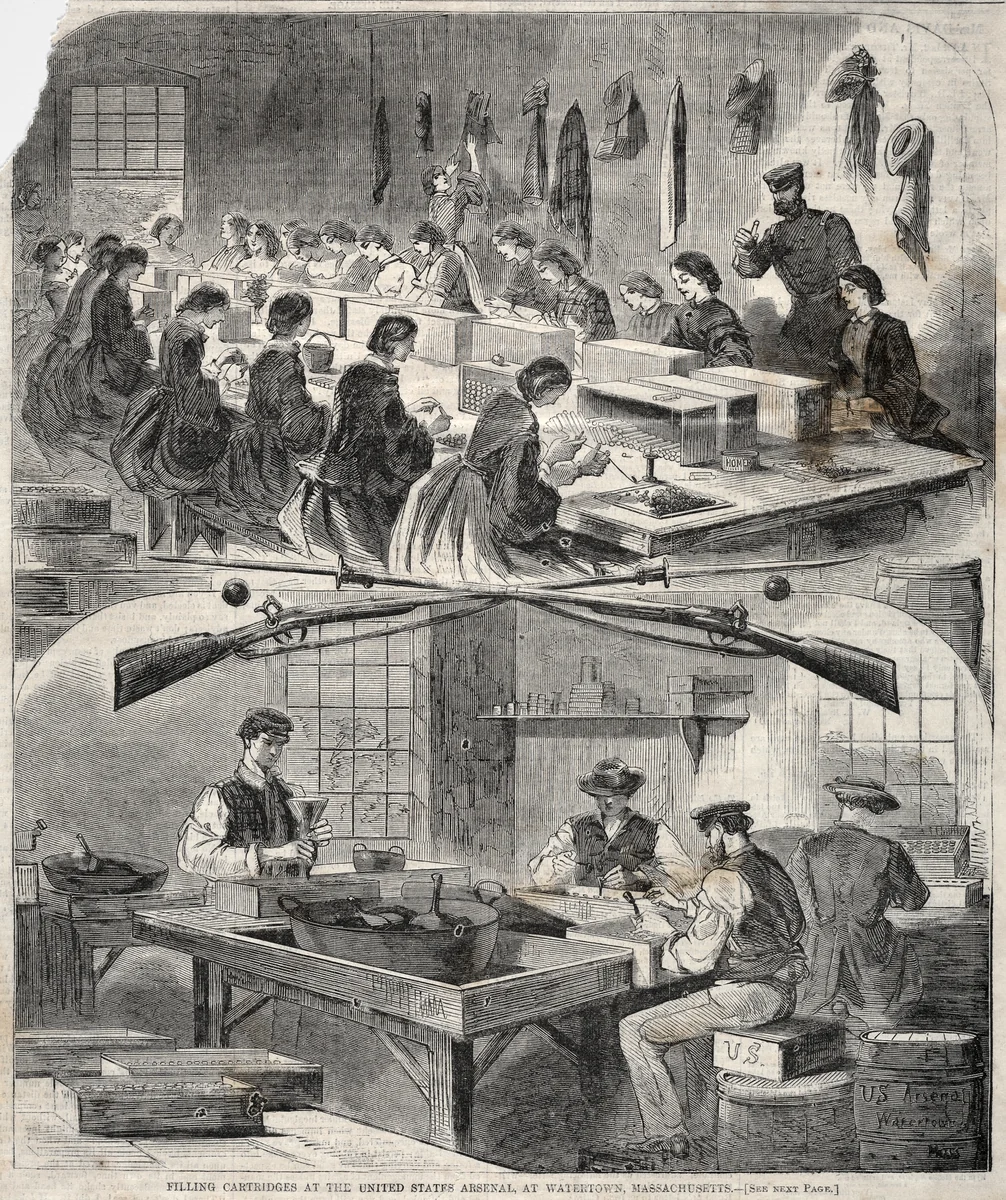 Filling Cartridges at the United States Arsenal, at Watertown, Massachusetts by Winslow Homer, print, 1861
