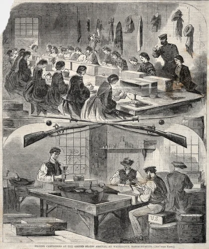 Filling Cartridges at the United States Arsenal, at Watertown, Massachusetts by Winslow Homer, print, 1861