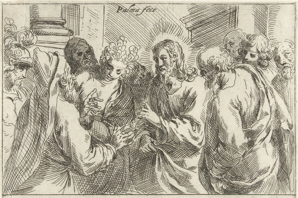 Christus en de overspelige vrouw by Unknown, print, 1554-1611