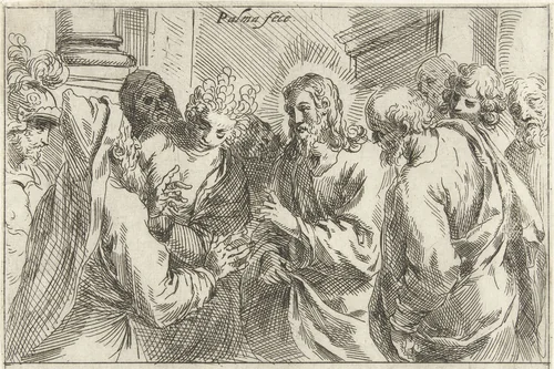 Christus en de overspelige vrouw by Unknown, print, 1554-1611