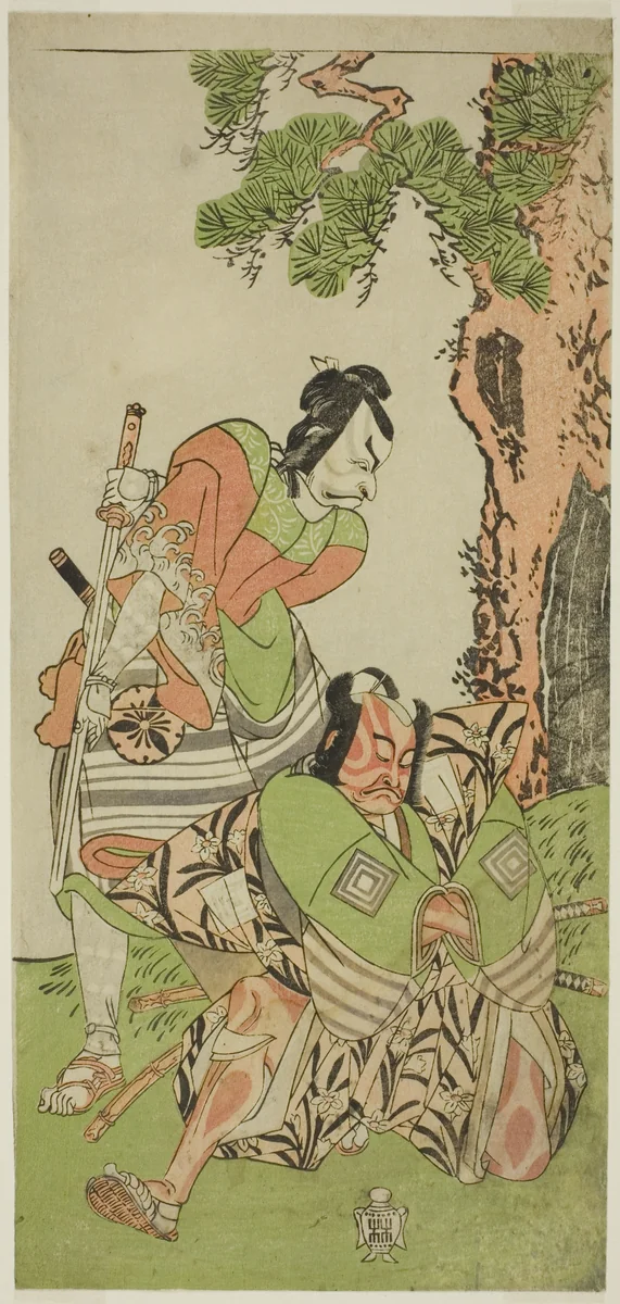 The Actors Ichikawa Danzo III as I no Hayata Tadazumi (right), and Matsumoto Koshiro II as Osada no Taro Kagemune Disguised as Yatsurugi Zaemon (left), in the Play Nue no Mori Ichiyo no Mato, Performed at the Nakamura Theater in the Eleventh Month, 1770 by Katsukawa Shunsho (勝川 春章), print, 1765-1775