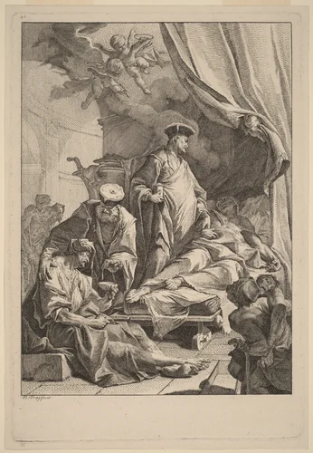 Saints Cosmas and Damian Caring for the Sick by Paul Troger, print, 1735-1738