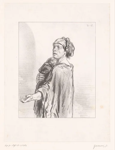 Arme vrouw met baby vraagt om een aalmoes by Paul Gavarni, print, 1857-1858