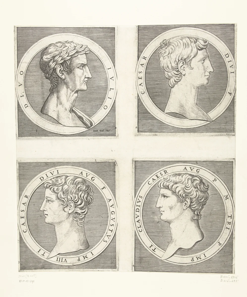 Portretten van keizers Julius Caesar en Augustus en Tiberius en Claudius by Marcantonio Raimondi, print, 1510-1527