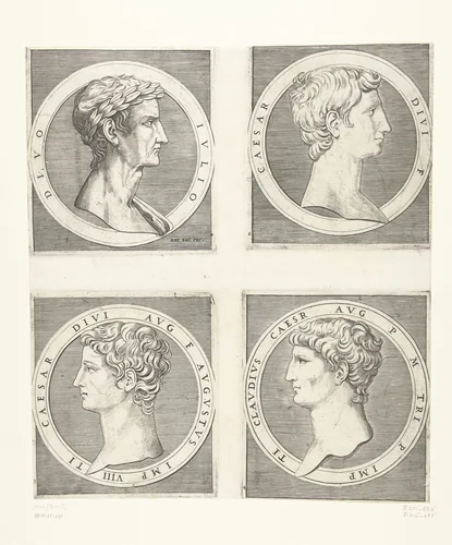 Portretten van keizers Julius Caesar en Augustus en Tiberius en Claudius by Marcantonio Raimondi, print, 1510-1527